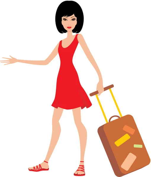 Woman with a suitcase in a red dress — Stock Vector