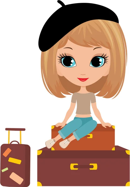 スーツケースに座っているきれいな女の子 — ストックベクタ