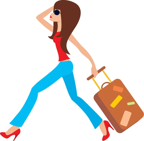Giovane donna corre con una valigia — Vettoriale Stock