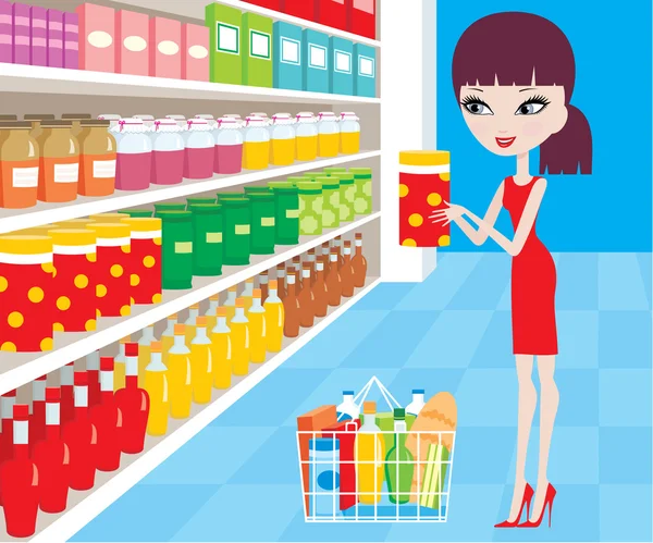 Femme dessin animé dans un supermarché — Image vectorielle