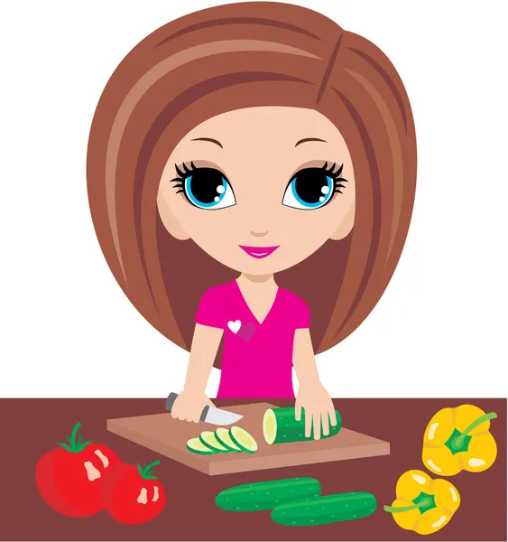 Kreslený žena na kuchyň kusy zeleniny — Stockový vektor