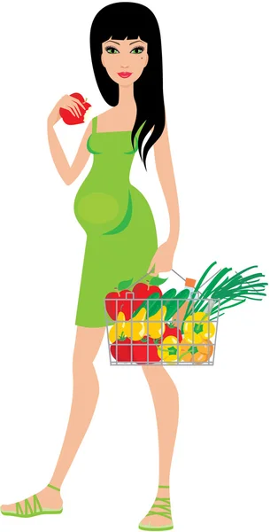 Беременная женщина покупает фрукты и ест яблоко — стоковый вектор