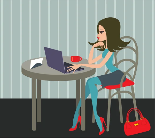 Fiatal nő, a laptop a kávézóban — Stock Vector
