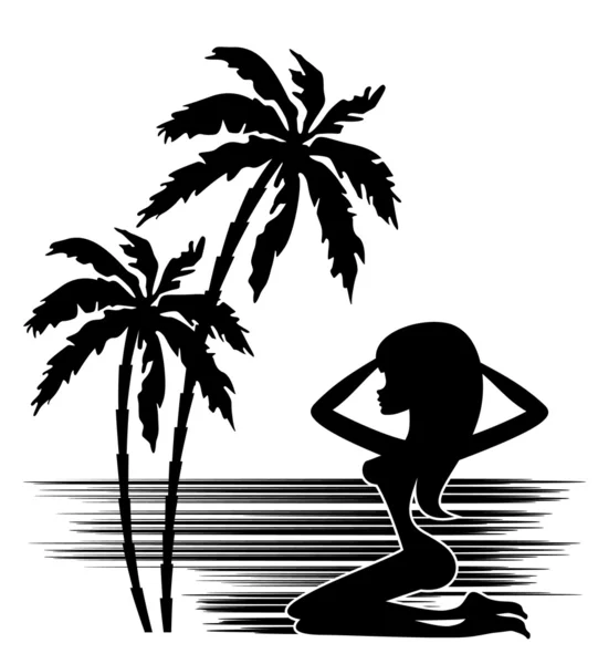 Tropics. beyaz zemin üzerinde palmiye ağacı ve kadın silueti — Stok Vektör