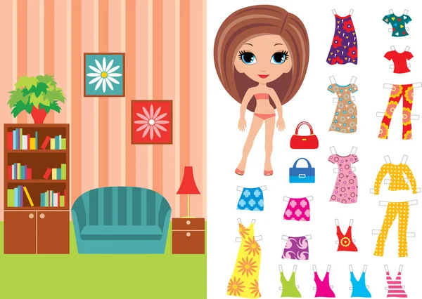 Paper doll with a set of clothes and a room — Stock Vector