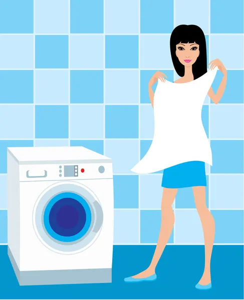 若い女性は、洗いをかけたリネンを保持します。 — ストックベクタ
