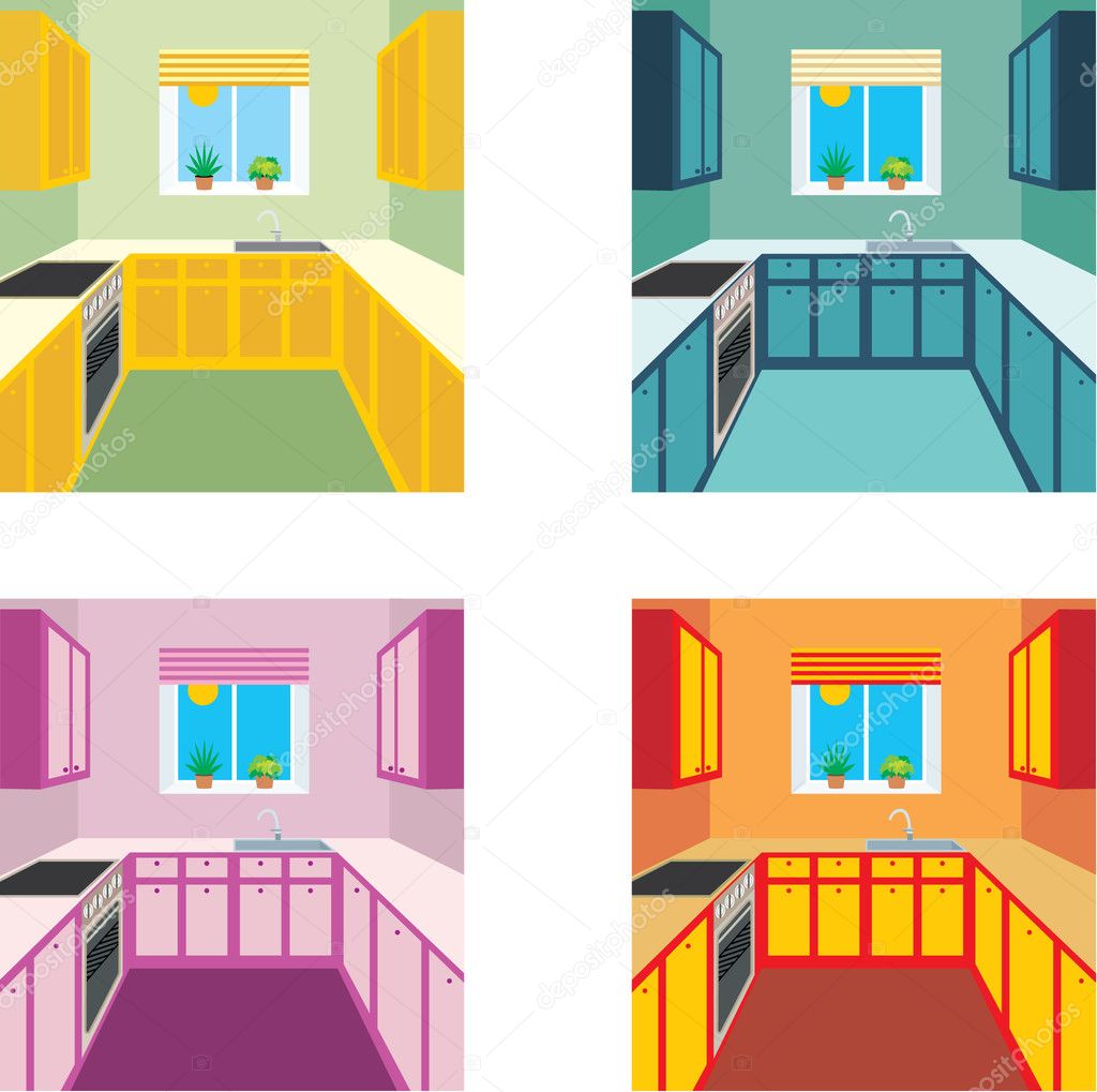 Kitchen interior in four color variants