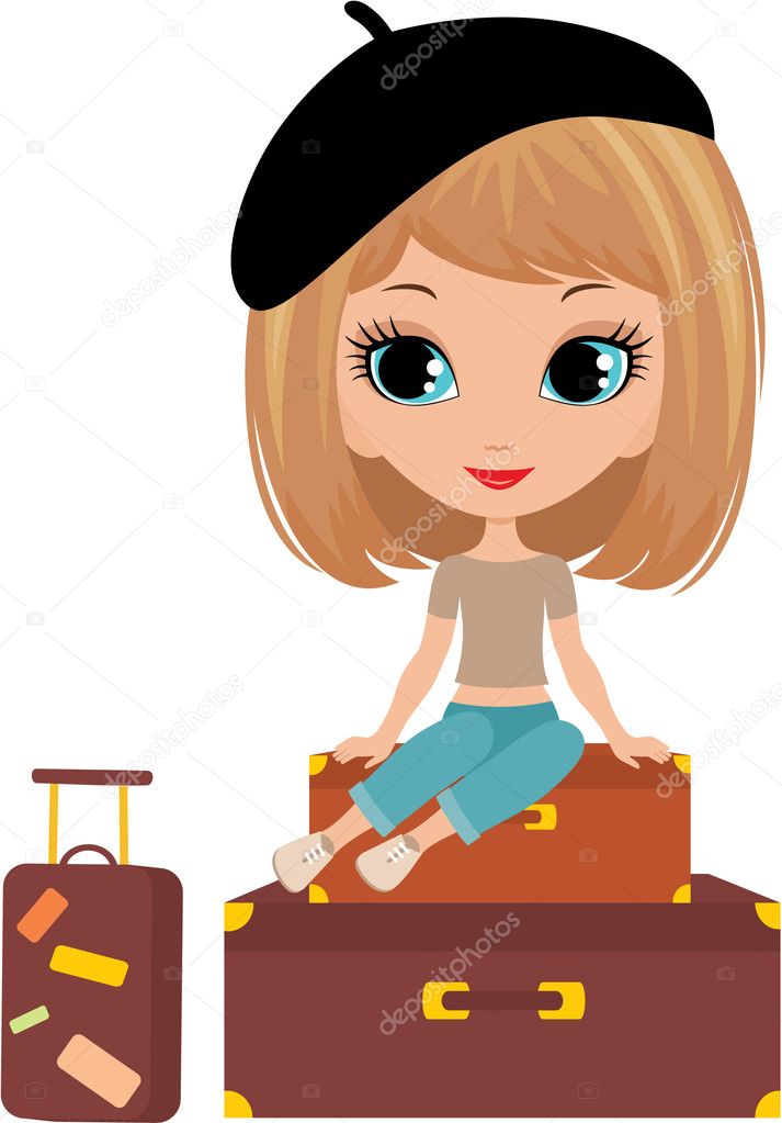 Pretty girl sits on a suitcase