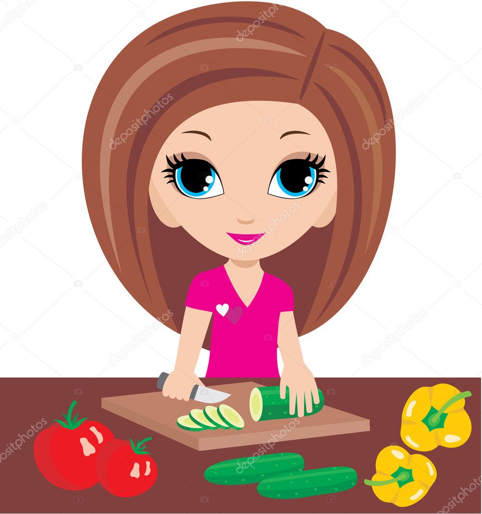 Cartoon woman on kitchen cuts vegetables
