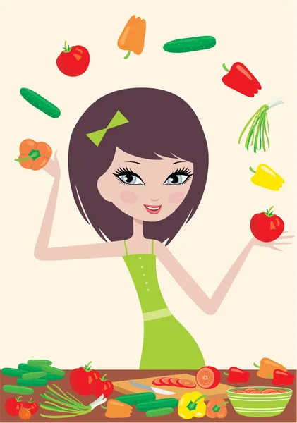 Jolie fille prépare la salade et jongle avec des légumes — Image vectorielle