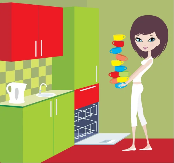 Девушка кладет чашки в посудомоечную машину — стоковый вектор