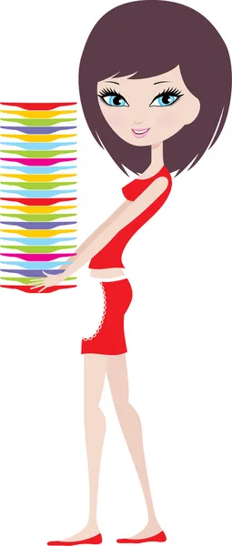 Girl holds a pile of plates — Stock Vector