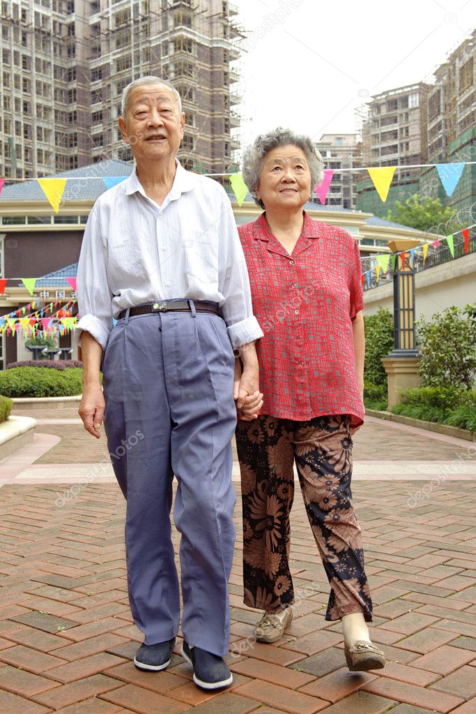 Walking senior couple