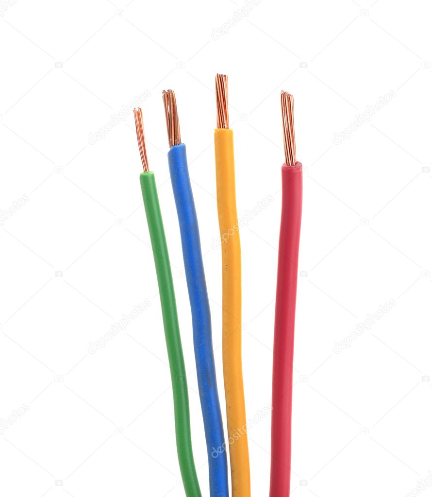Four electrical wire or cable stripped isolated white