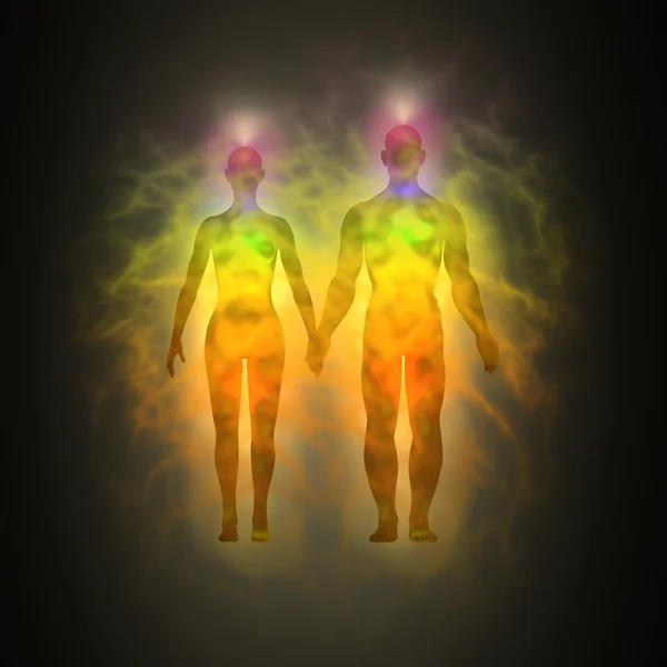 Femme et homme corps énergétique, aura, chakras, énergie, silhouette — Photo