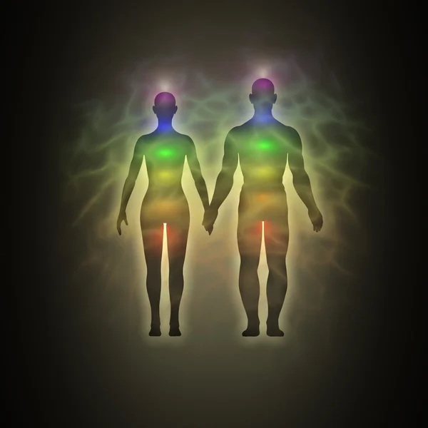 Femme et homme corps énergétique, aura, chakras, énergie, silhouette — Photo