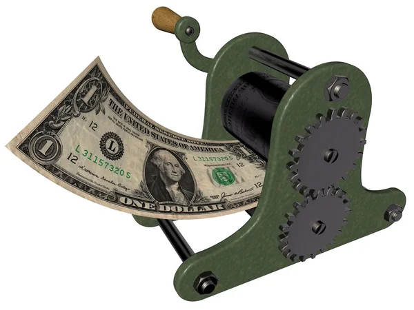 Мультфильм о зарабатывании денег на ручном печатном станке — стоковое фото