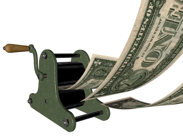 Karikatur des Geldmachens an der Handdruckpresse — Stockfoto