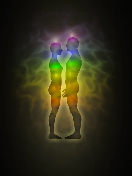 Silhouette homme et femme avec aura, chakras, énergie - profil — Photo