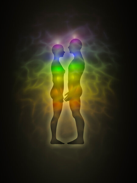 Woman and man silhouette with aura, chakras, energy - profile