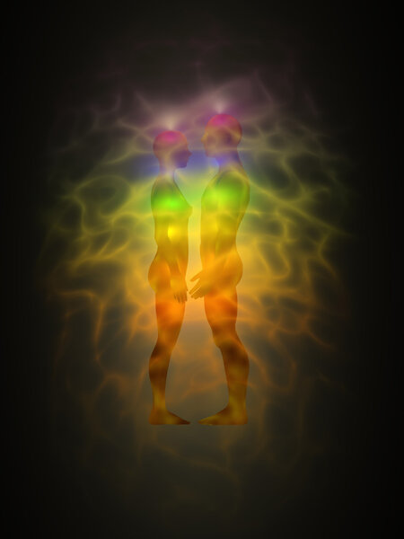 Woman and man silhouette with aura, chakras, energy - profile