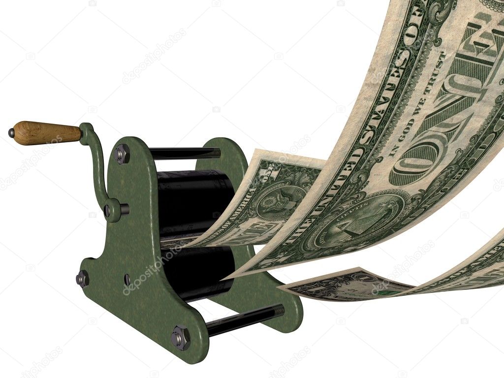 Cartoon of making money on the hand printing press