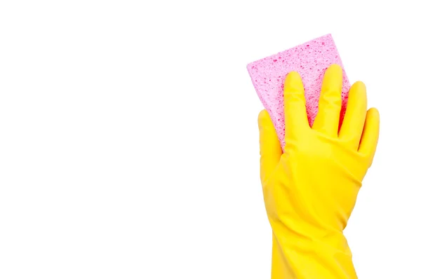 Yellow rubber glove with pink sponge — Stock Photo, Image