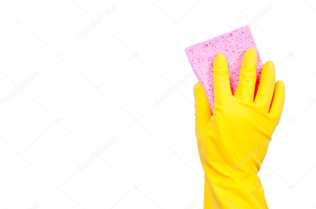 Yellow rubber glove with pink sponge