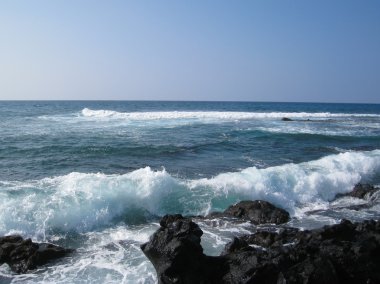 Volcanic rocks coastline on a sunny day. clipart