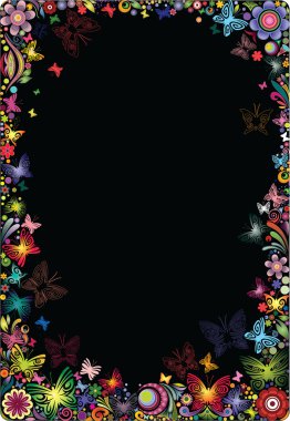 Floral frame with butterflies on a black background. clipart