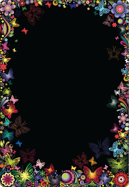 Cadre floral avec papillons sur fond noir . — Image vectorielle