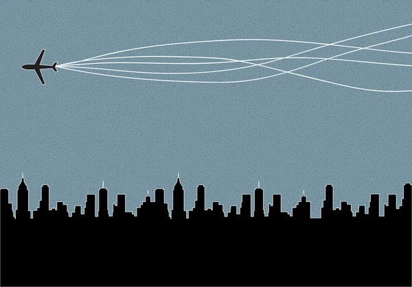 Avion survolant l'arrière-plan de la ville — Image vectorielle