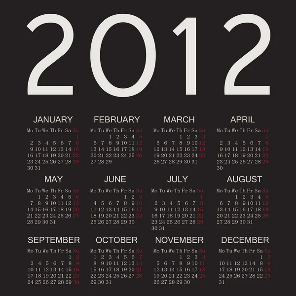 2012 kalender med mörk bakgrund — Stock vektor