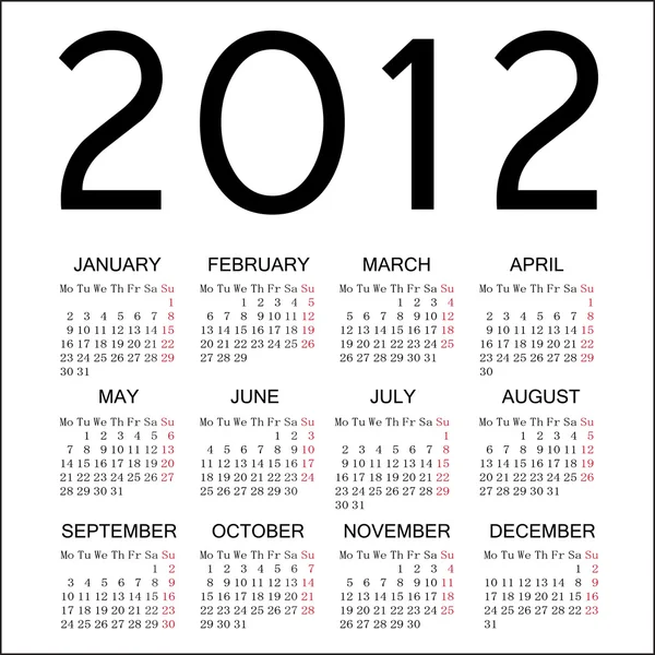 2012 simple calendar with white background — Stock Vector