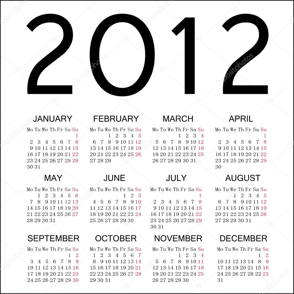 2012 simple calendar with white background