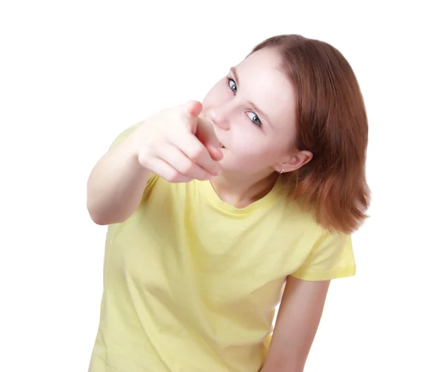 Stock image Young woman pointing to viewer