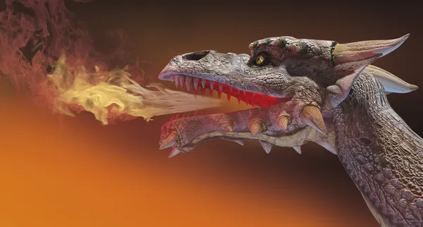Desenho animado dragão vermelho cuspindo fogo - Stockphoto
