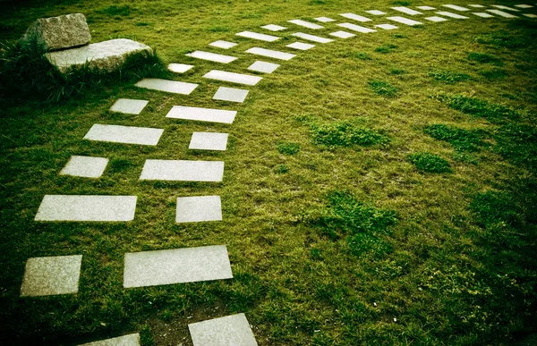 stock image Path over green grass field and rocks