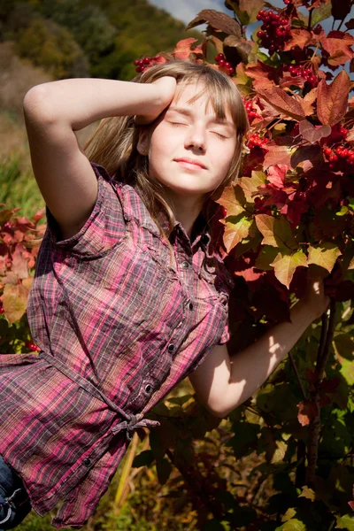 Menina perto do arbusto ashberry — Fotografia de Stock