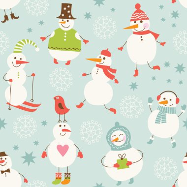 Seamless background with cute snowman, set of holiday's elements clipart