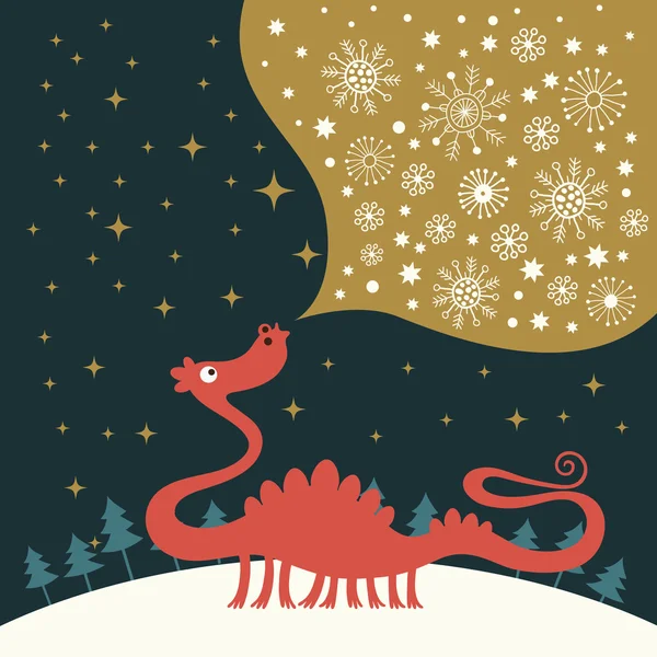 Χαριτωμένο δράκος χιονισμένες για Ευχετήρια κάρτα Χριστουγέννων — Διανυσματικό Αρχείο