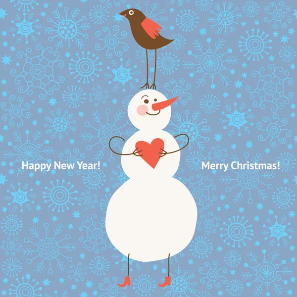 Vektor snögubbe och fågel, jul illustration — Stock vektor
