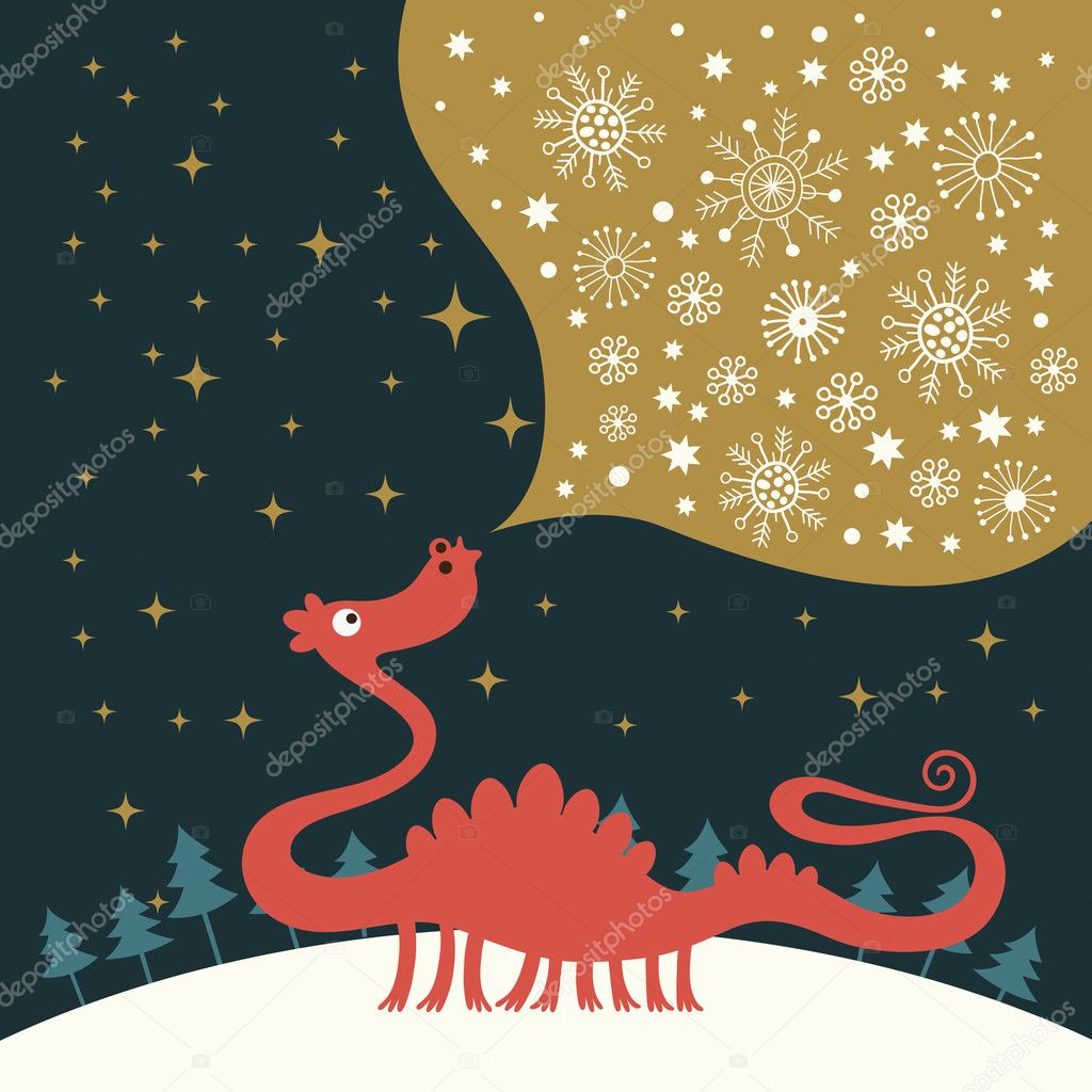 Cute snowy dragon for greeting christmas card