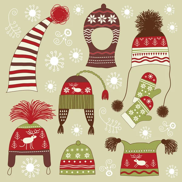 Sombreros de invierno con adorno nórdico — Vector de stock