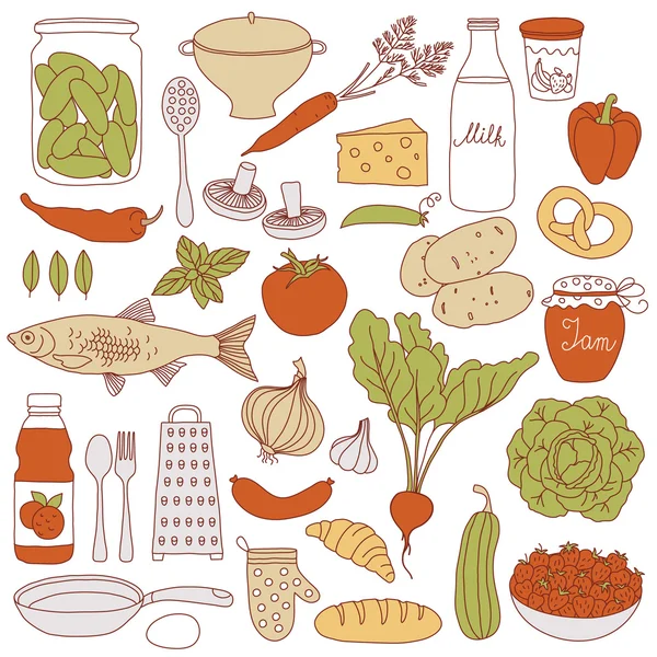 Набор продуктов питания, векторная иллюстрация — стоковый вектор