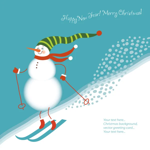 Funny snowman go alpine skis — Stock Vector