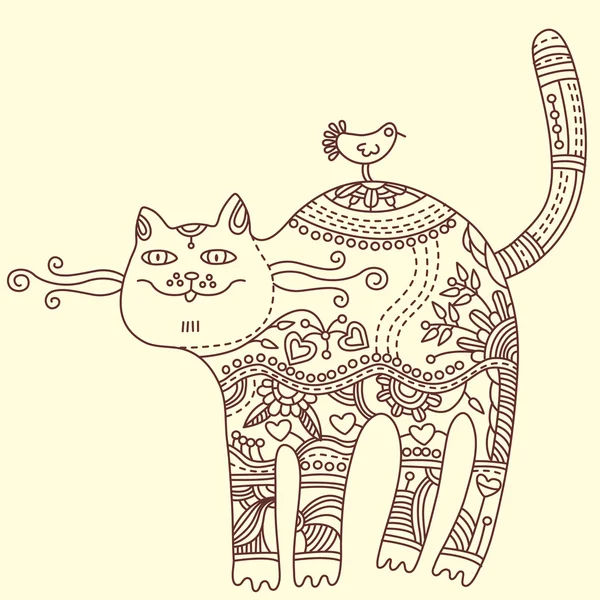 Gato y ave, ilustración vectorial. Tarjeta de felicitación — Vector de stock