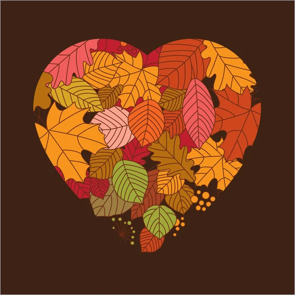 Höstens bakgrund, lämnar i en form av hjärta — Stock vektor