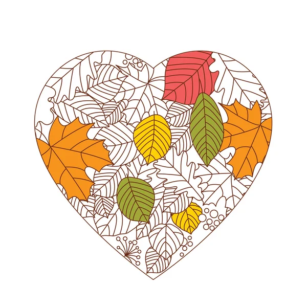 Herfst achtergrond, bladeren in een vorm van hart — Stockvector