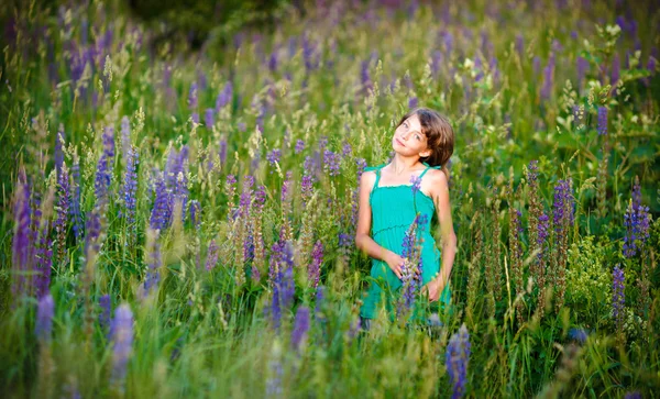 Liten flicka på fältet med blommor — Stockfoto